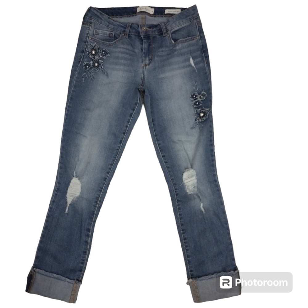 Jessica Simpson Forever Rolled Ankle Jeans Embellished Distressed Denim